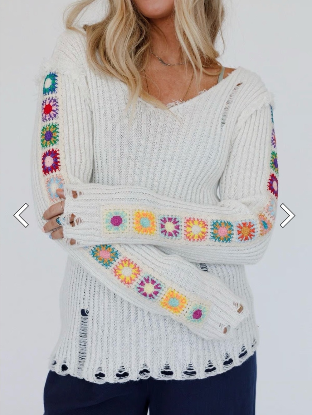 Distressed Knit Sweater with Colorful Crochet Squares POL from Three Bird Nest